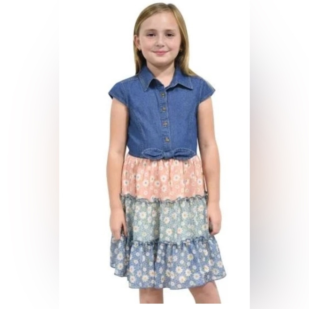 NWT Zunie Girls Multicolor Denim Short Cap Sleeve Tiered Dress 10/12